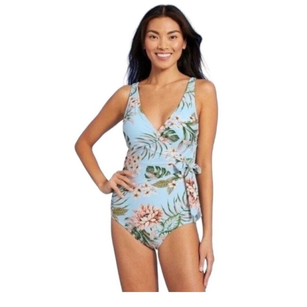 Kona Sol One Piece Swimsuit Tropical Print Tie Wrap Front High Coverage